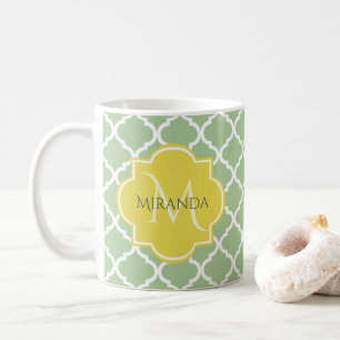 Chic Pastel Green Quatrefoil Yellow Name Monogram Coffee Mug