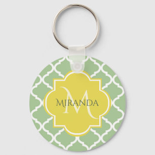Chic Pastel Green Quatrefoil Yellow Name Monogram Key Ring