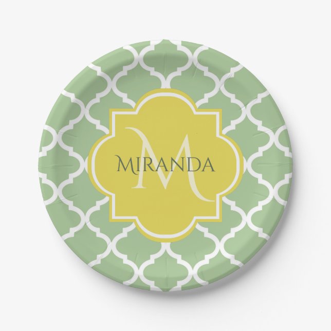 Chic Pastel Green Quatrefoil Yellow Name Monogram Paper Plate (Front)
