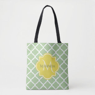 Chic Pastel Green Quatrefoil Yellow Name Monogram Tote Bag