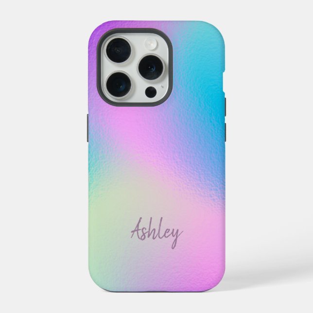 Chic Pastel Holographic Personalized Name iPhone Case (Back)