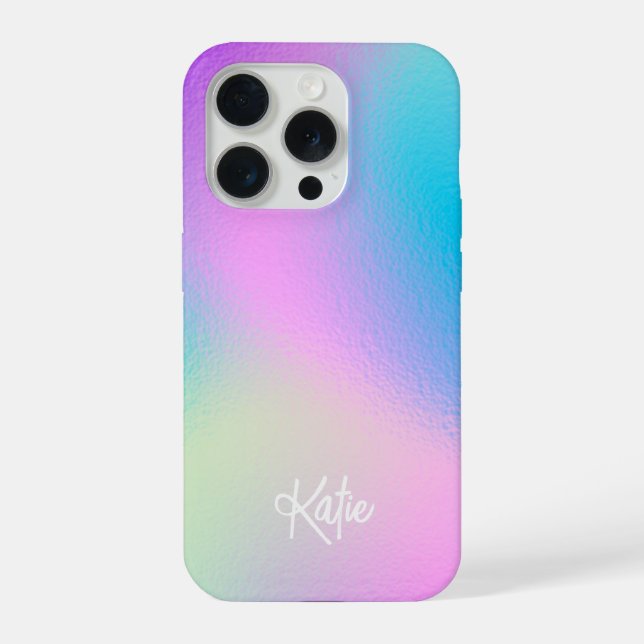 Chic Pastel Holographic with Name iPhone Case (Back)