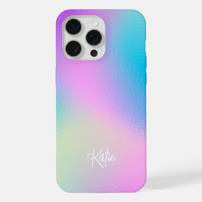 Chic Pastel Holographic with Name iPhone Case (Back)