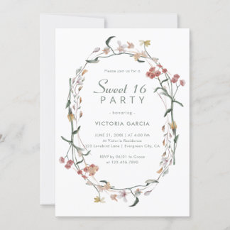 Chic Pastel Minimalist Wildflowers Sweet 16 Invitation