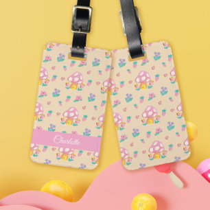 Chic Pastel Mushroom Strawberry Pattern Cream Luggage Tag