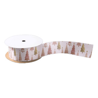 Chic Pastel Pink and Gold Christmas Tree Satin Ribbon