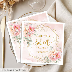 Chic Pastel Pink and Gold Peonies Sweet Sixteen  Napkin