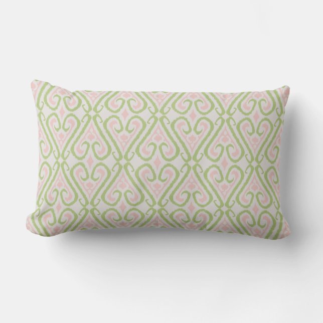 Chic pastel pink and green ikat damask patterns lumbar cushion (Front)