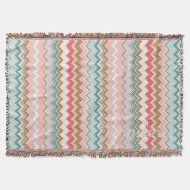Chic Pastel Pink Mint Chevron Custom Monogram Throw Blanket (Front)