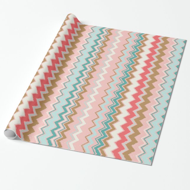 Chic Pastel Pink Mint Chevron Custom Monogram Wrapping Paper (Unrolled)