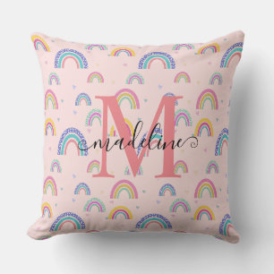 Chic Pastel Pink Rainbow Heart Monogram Cushion