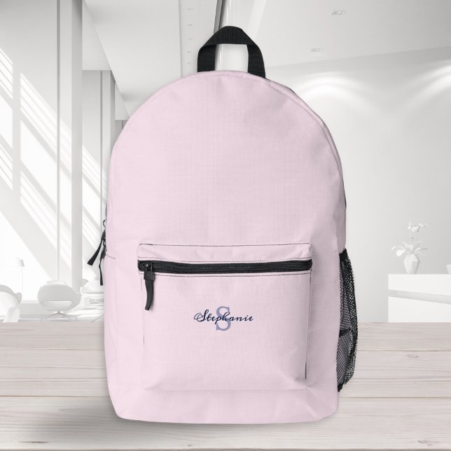 Chic Pastel Pink Trendy Minimal Monogrammed Printed Backpack (An elegant minimalist backpack in pale pink with custom monogram)