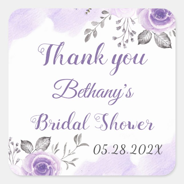 Chic Pastel Purple Floral Bridal Shower Thank You Square Sticker (Front)