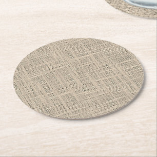 Chic Pastel Taupe Colour Faux Jute Fabric Pattern Round Paper Coaster