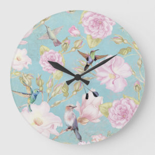 Chic Pastel Teal Vintage Roses Hummingbird Pattern Large Clock