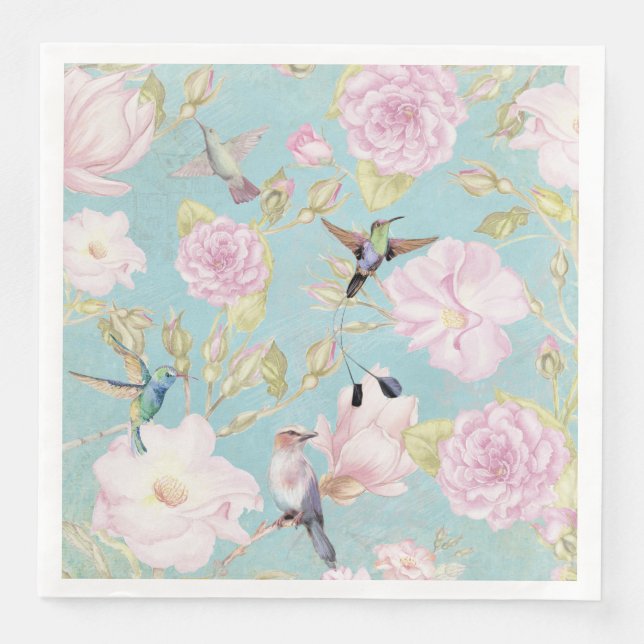 Chic Pastel Teal Vintage Roses Hummingbird Pattern Napkin (Front)