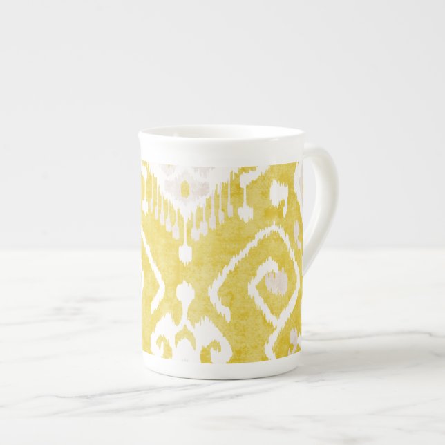 Chic pastel  yellow and grey ikat tribal pattern bone china mug (Front Right)