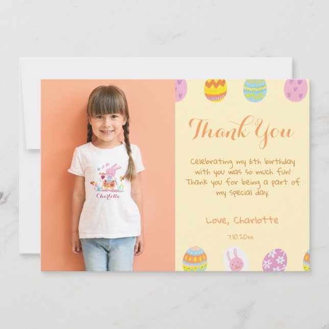 Chic Pastel Yellow Eggs Kids Birthday Photo  Thank You Card (Front)