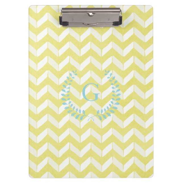 Chic Pastel Yellow Teal Chevron Custom Monogram Clipboard (Front)