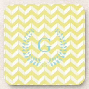 Chic Pastel Yellow Teal Chevron Custom Monogram Coaster