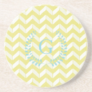 Chic Pastel Yellow Teal Chevron Custom Monogram Coaster