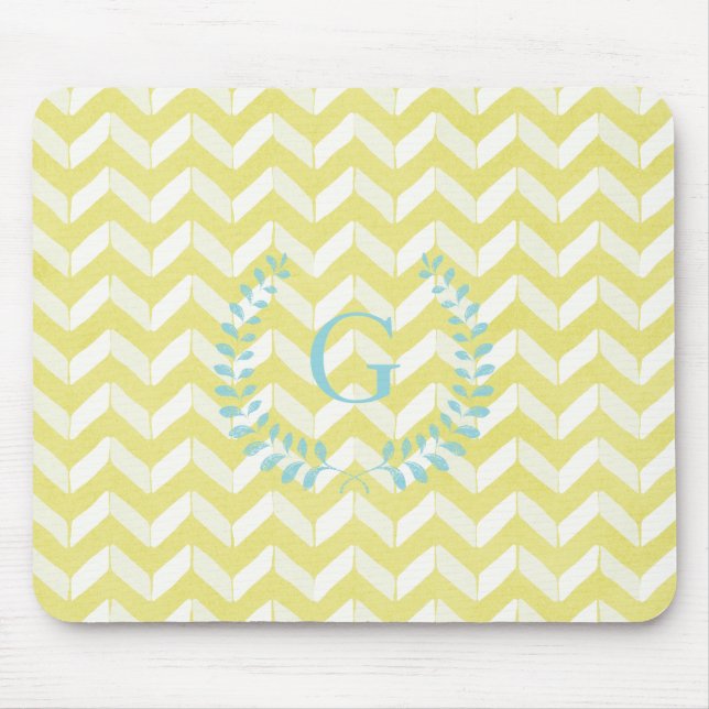 Chic Pastel Yellow Teal Chevron Custom Monogram Mouse Pad (Front)
