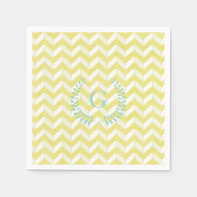 Chic Pastel Yellow Teal Chevron Custom Monogram Napkin (Front)