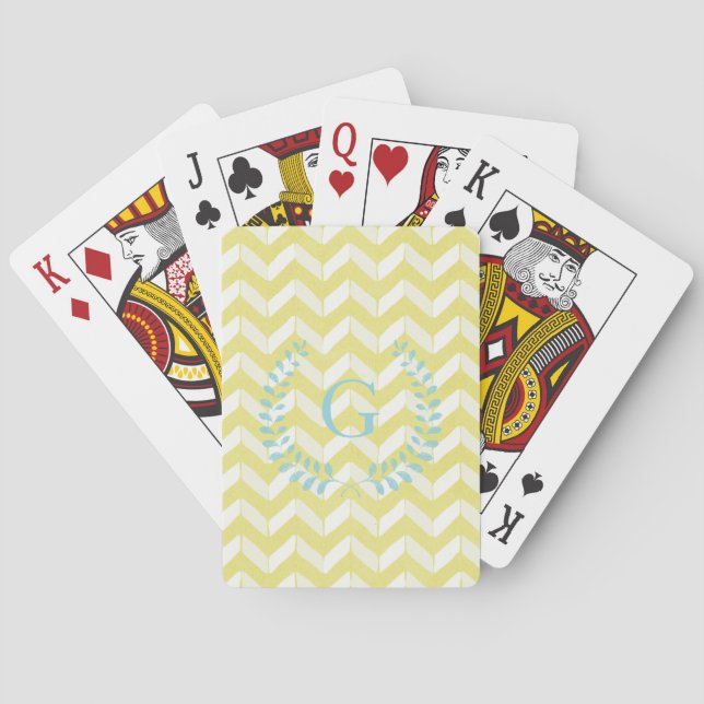 Chic Pastel Yellow Teal Chevron Custom Monogram Playing Cards (Back)