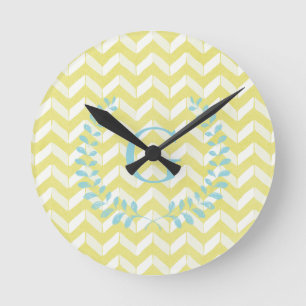Chic Pastel Yellow Teal Chevron Custom Monogram Round Clock