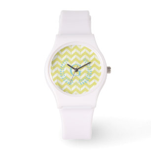 Chic Pastel Yellow Teal Chevron Custom Monogram Watch