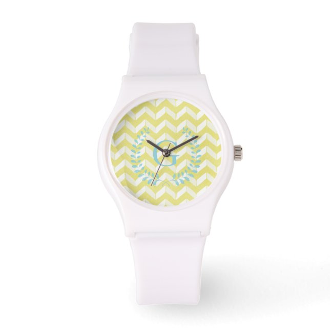 Chic Pastel Yellow Teal Chevron Custom Monogram Watch (Front)