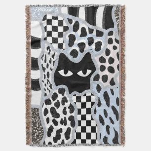 Chic Patchwork Suspicious Black Cat Gingham & Chec Throw Blanket