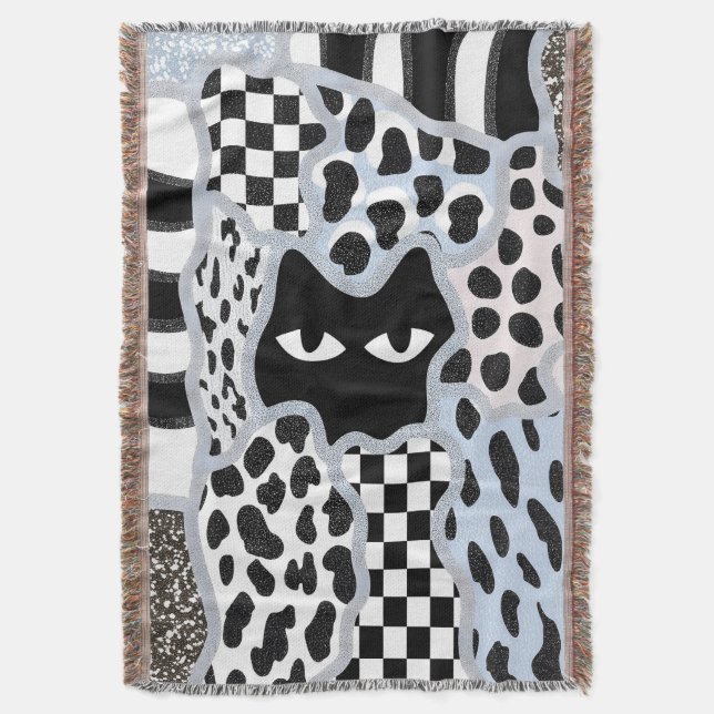 Chic Patchwork Suspicious Black Cat Gingham & Chec Throw Blanket (Front Vertical)