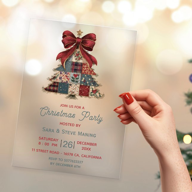 chic patchwork tree bow christmas party acrylic invitations (Creator Uploaded)