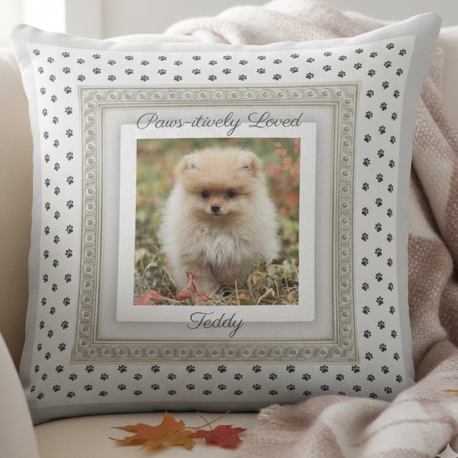 Chic Paws-itively Loved Pet Photo Keepsake Cushion (Boutique-style accent pillow with a blend of classic elegance and modern playfulness)