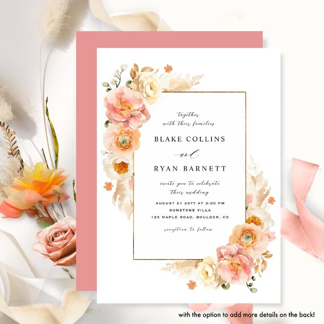 Chic Peach and Coral Pink Delicate Floral Wedding Invitation (Creator Uploaded)