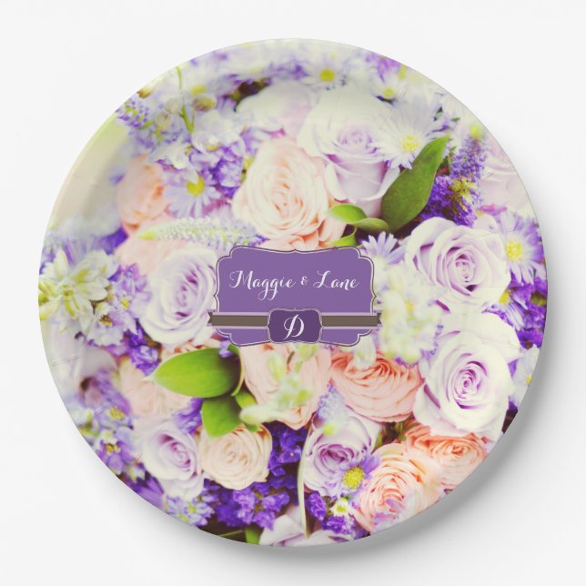 Chic Peach and Purple Rose Wedding Paper Plate (Front)