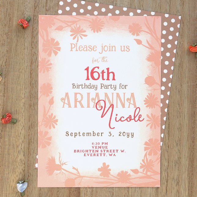 Chic Peach Beige Flowers Polka Dots Birthday Party Invitation (Peach fuzz, dusty peach, beige polka dots, wild flowers 16th, sixteenth birthday party invitation)