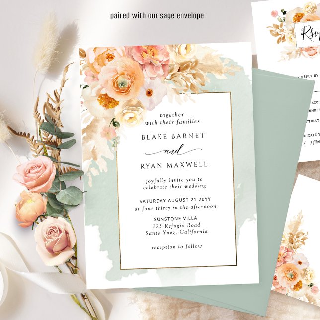 Chic Peach, Blush, Champagne, Sage Floral Wedding  Invitation (Creator Uploaded)