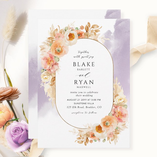 Chic Peach Blush Cream and Lavender Oval Wedding Invitation (Creator Uploaded)