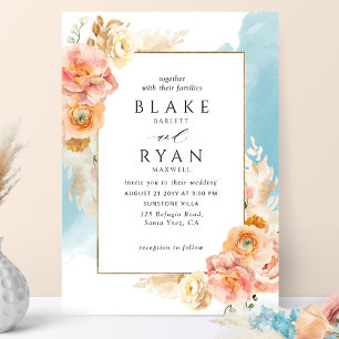 Chic Peach Blush Floral, Aqua Watercolor Wedding Invitation