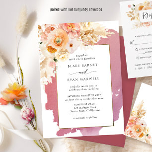 Chic Peach Blush Pink and Burgundy Floral Wedding Invitation