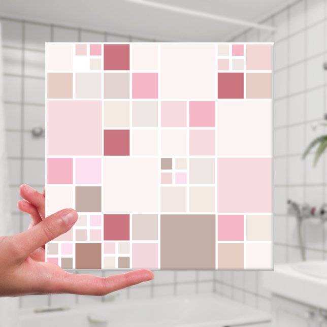 Chic Peach Blush Pink Beige Bathroom Tile (Modern bathroom tile featuring a checkered pattern in soft pastel peach, pink and sandy brown)