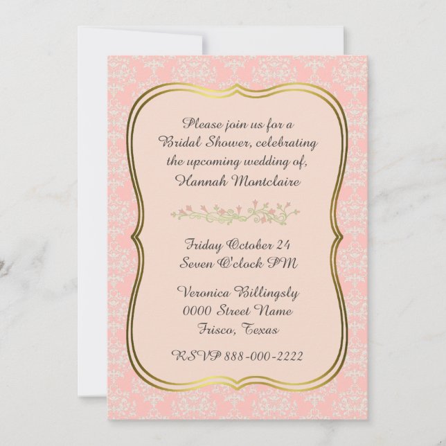 Chic Peach Damask Bridal Shower Invitation (Front)