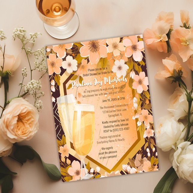 Chic Peach Floral Champagne Bridal Shower Party Invitation (Creator Uploaded)