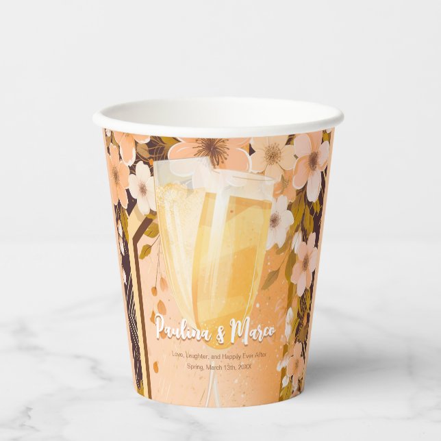 Chic Peach Floral Champagne Bridal Shower Party Paper Cups (Front)