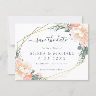 Chic Peach Gold Floral Mint Green Save the Date Announcement