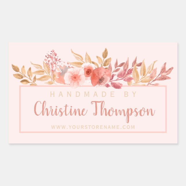 Chic Peach Golden Floral Handmade By Rectangular Sticker (Front)