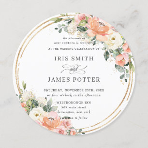 Chic Peach Ivory Blush Pink Floral Gold Wedding Invitation
