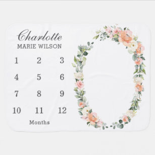 Chic Peach Ivory Floral Wreath Monthly Milestone Baby Blanket